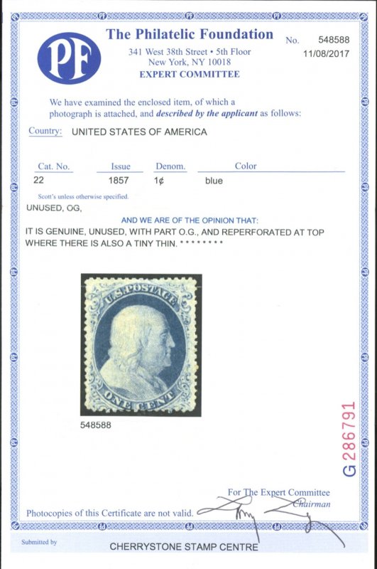 U.S. #22 MINT WITH PF CERT PART OG
