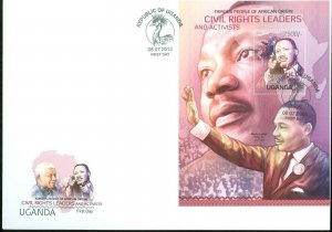 UGANDA FAMOUS  AFRICAN CIVIL RIGHTS MARTIN  LUTHER KING, JR SOUVNEIR SHEET FDC 