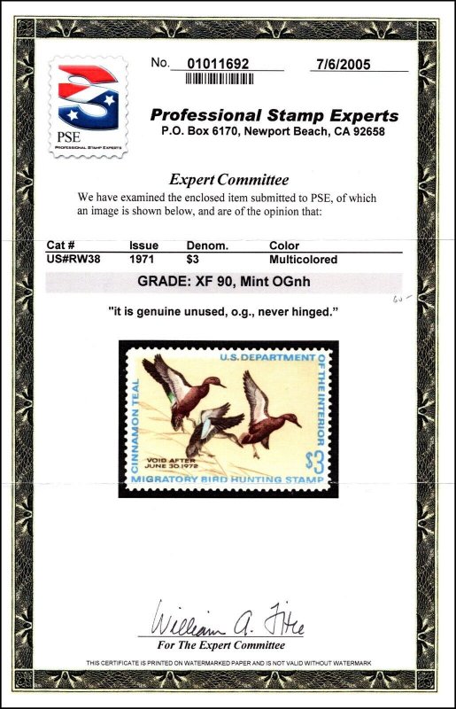 Scott RW38 1971 $3.00 Duck Stamp MNH PSE Cert 90 SCV - $85.00