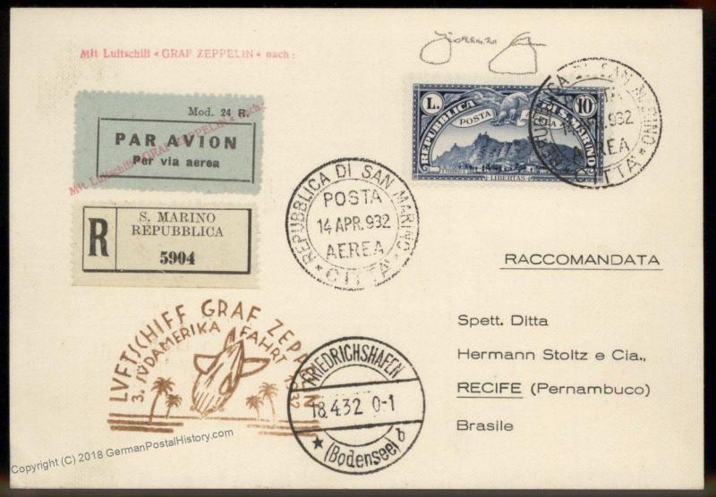 San Marino 1932 Graf Zeppelin 3rd South America Rome 10L Reg Cover 92170