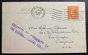 1942 Glasgow Scotland England Censored Postcard cover To Los Angeles Ca USA