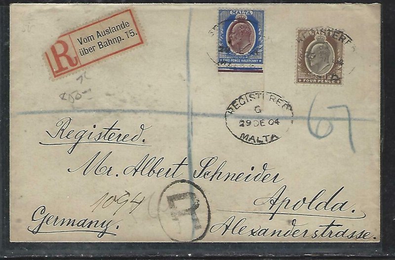 MALTA  (P2808BB) 1904   KE 2 1/2D+4D REG LETTER TO GERMANY