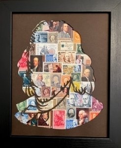 Original Stamp Art - Benjamin Franklin Bust filled with 40+ Franklin stamps
