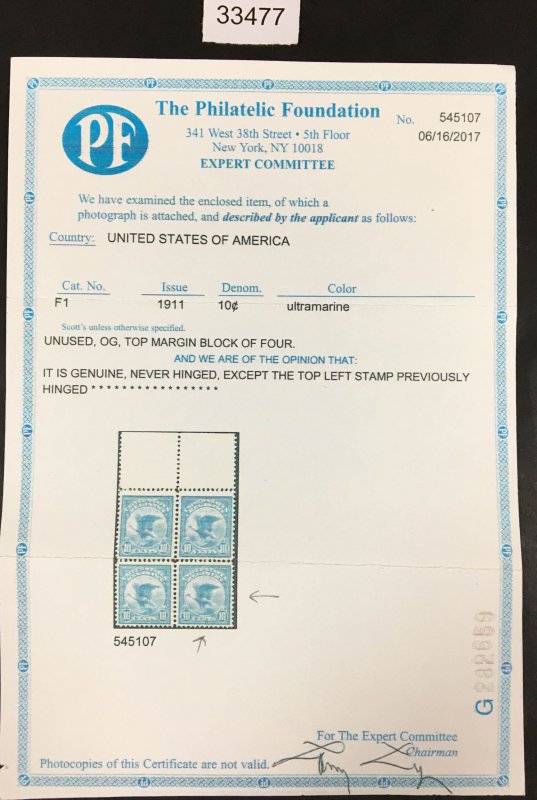 US STAMPS # F1 MINT OG NH VF **PF CERT** LOT #33477