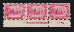 US 329 2c Jamestown Exposition Mint Bottom Plt#3595 Strip of 3 F-VF OG H SCV$105