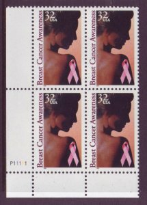1996 Breast Cancer Awareness Plate Block of 4 32c Stamps, Sc# 3081, MNH, OG