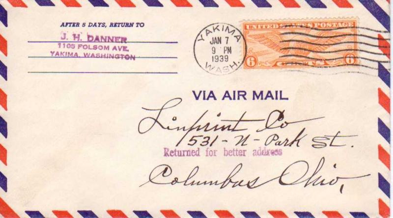 United States Washington Yakima 1939 machine  6c Winged Globe Airmail  .