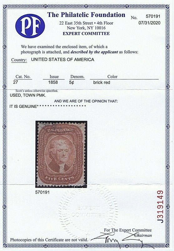 SC# 27 USED 5C JEFFERSON 1858 PARTIAL TOWN POSTMARK, 2020 PF CERT, HIGH CAT VAL 