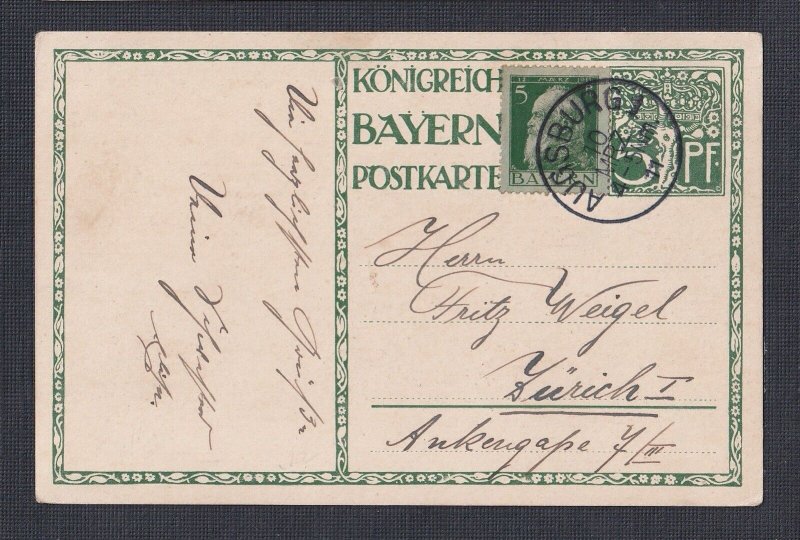BAVARIA GERMANY '1821-1911 JUBILEE’ 5 PFG PS POSTCARD AUGSBURG TO SWITZERLAND