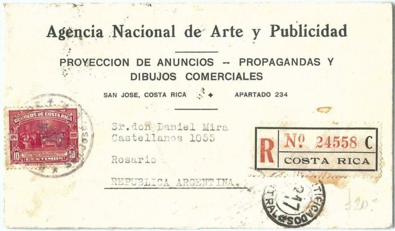 69216 - COSTA RICA  - POSTAL HISTORY - REGISTERED COVER  to ARGENTINA 1935