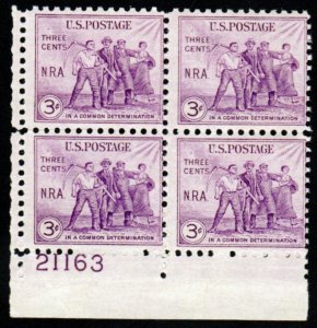 SC# 732 - (3c) - National Recovery Act, MNH plate block/4 - LL # 21163