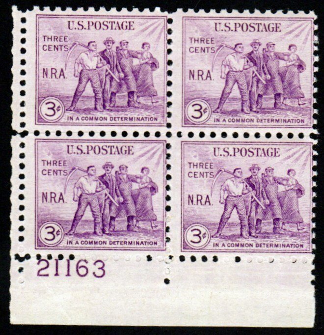 SC# 732 - (3c) - National Recovery Act, MNH plate block/4 - LL # 21163