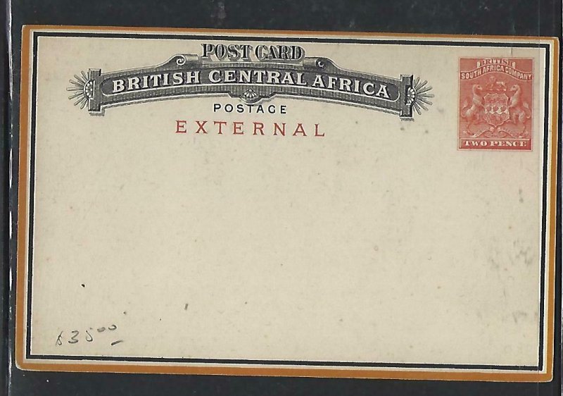 BRITISH CENTRAL AFRICA  COVER (P0210B)  ARMS 2D PSC EXTERNAL UNUSED