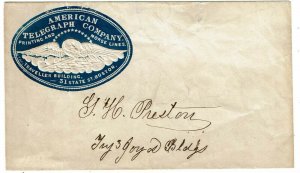 1850's American Telegraph Company envelope used, blue cameo imprint