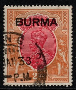 BURMA SG14 1937 2r CARMINE & ORANGE FINE USED