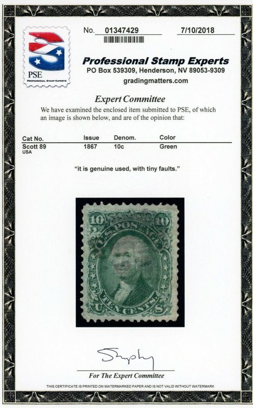 US Stamp #89 Washington 10c, PSE Cert - USED - CV $350.00 