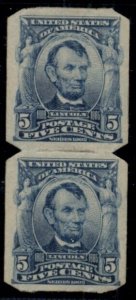 US #315, 5¢ Lincoln blue, Imperf Vertical pair w/U.S.A.V. Perf Type I, PF cert