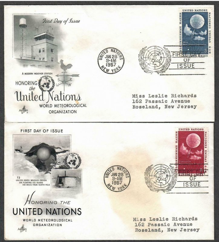 UN # 49 - 50 World Meteorological Organization on 2 ArtCraft FDCs  I Combine S/H