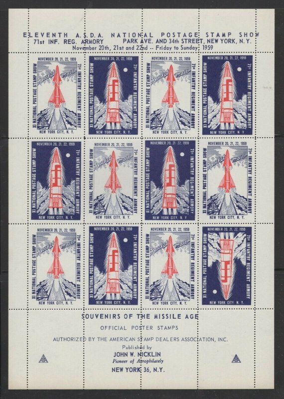 ASDA sheet of 12 Missile Age Poster stamps in red for 1959  Stamp Expo - P