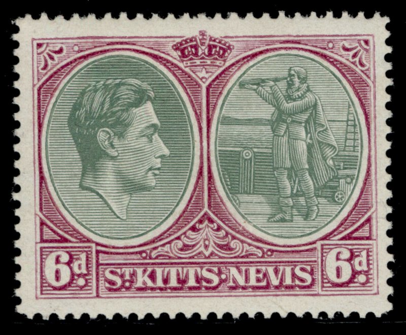 ST KITTS-NEVIS GVI SG74b, 6d green & deep claret, M MINT. Cat £55. CHALKY 