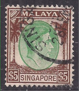 Singapore Malaya 1948 KGV1 $5 Brown & Green used SG 15 ( L913 )