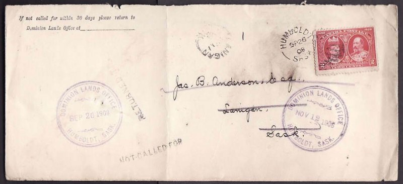 Canada-covers #10073 - 2c Tercentenary to Lanigan , Sask and returned-Humboldt