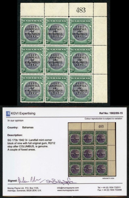 Bahamas SG173/b 3s slate-purple and myrtle-green VARIETY Stop after COLUMBUS