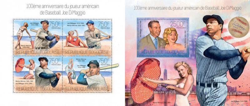 Joe DiMaggio Marilyn Monroe Baseball Cinema Sports Movies Togo MNH stamp set