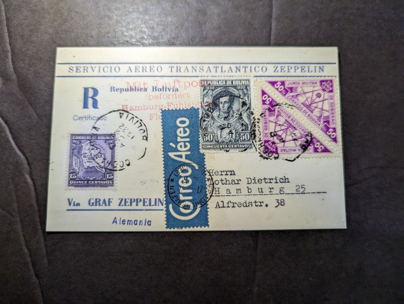 1932 Registered Bolivia Postcard Cover Cochabamba to Hamburg Germany