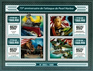 Togo 2015 - Attack on Pearl Harbor, 75 Years, World War II - Sheet of 4 - MNH
