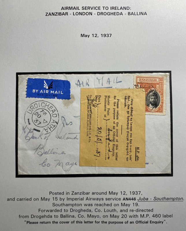 1937 Zanzibar Airmail Cover To Mayo Ireland Returned Cover Imperial Airways