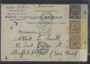 TUNISIA COVER (PP0101B)  1904 PPC WITH 1C+2CX2 PLATE SINGLES ON PPC TO USA 