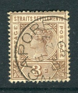 STRAITS SETTLEMENTS; 1900s early QV issue fine used 3c. value POSTMARK