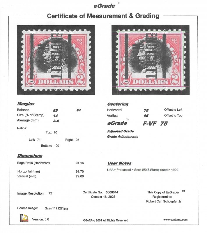 547 2 Dollars PRECANCEL Franklin, Carmine & Black Stamp used EGRADED F-VF 75