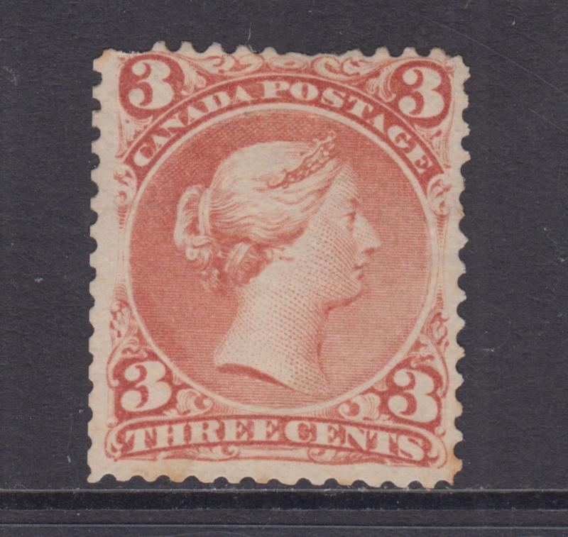 Canada Sc 25 MLH. 1868 3c red Queen Victoria, few short perfs at top, scarce.