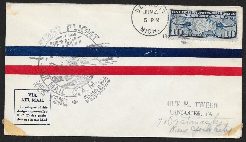 UNITED STATES C7 on First Flight Cover c1928 Detroit