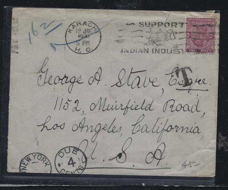 PAKISTAN (P2304B) KGV INDIA 2A  1931  COVER SHORT PAID KARACHI TO USA