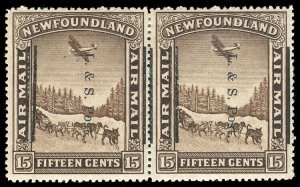 Newfoundland 1933 Airmail 15c PAIR WITH & WITHOUT WATERMARK vfm. SG 229a.