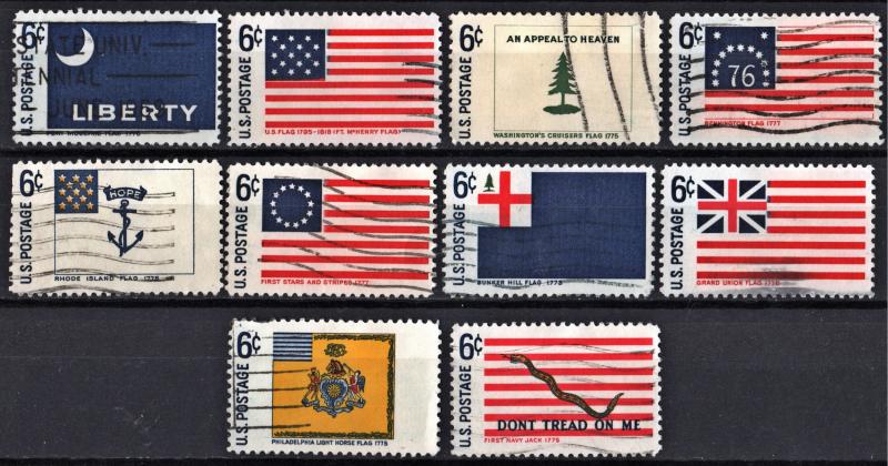 SC#1345-54 6¢ Historic Flags Set of Ten Singles (1968) Used