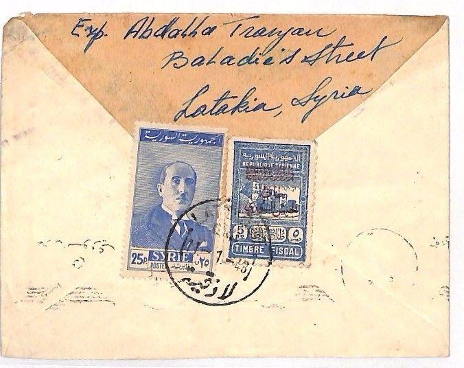 AJ320 1948 SYRIA Lattakiato USA Cover. Revenue stamp {samwells-covers}