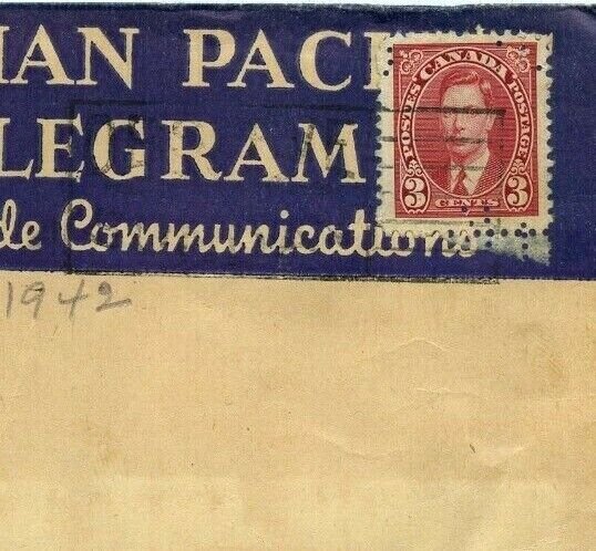 Nice Telegrpah Telegram CPR PERFIN Mufti Issue 1942 Canada cover