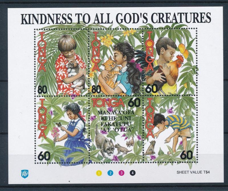 [26932] Tonga 1994 Animals Christmas God's creatures Dogs Cats MNH Sheet