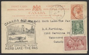 1937 Canada Flight on #P15 2c UPU Vermillion Card Herb Lake MAN to The Pas