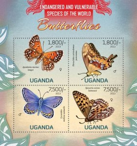 UGANDA - 2013 - Butterflies - Perf 4v Sheet - Mint Never Hinged