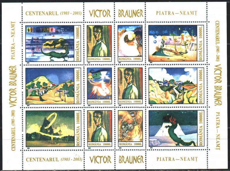 Romania. 2003. Small sheet 5741-50. Victor Brauner paintings, dinosaurs. MNH.