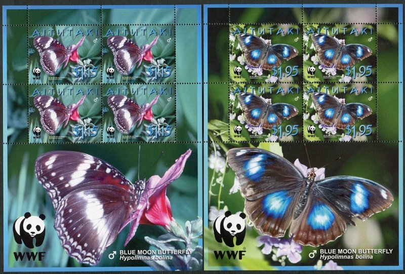 Aitutaki 539-542 sheets/4, MNH. WWF 2008. Blue moon butterfly.