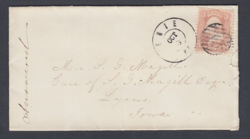 US Sc 65 on c. 1864 Cover, ERIE, PA cds & grid duplex cancel to LYONS, IOWA