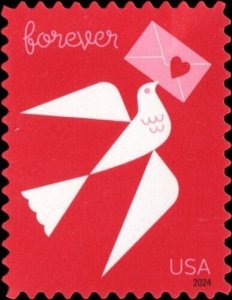 2024 68c Forever Love White Bird, Pink Envelope, Red Heart Scott 5826 Mint VF NH