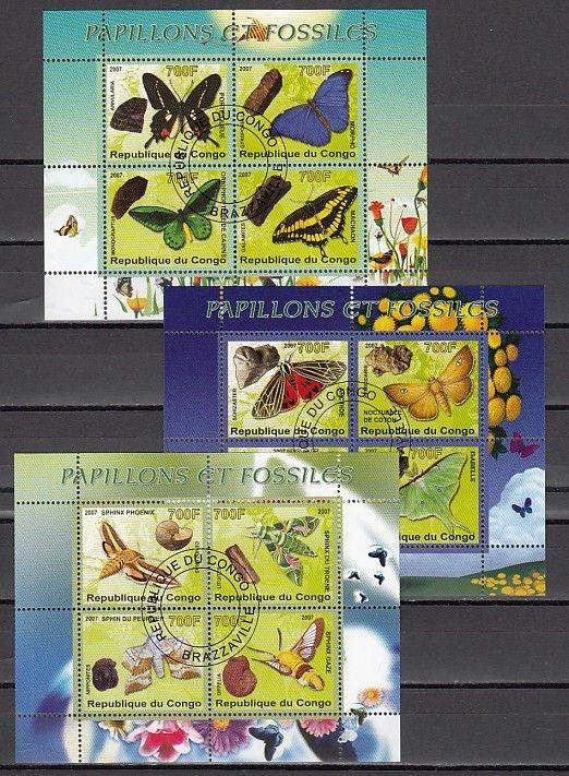 Congo Rep 2007 Édition. Papillons & Minéraux sur 3 Feuilles de 4. Canceled,c.