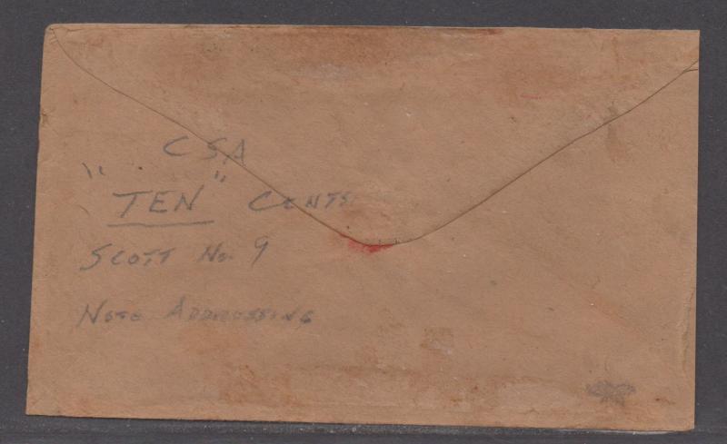 **CSA Cover SC# 9 Charlottesville, VA, 5/30/1863 Ten Cents Lt. Green Army Mail